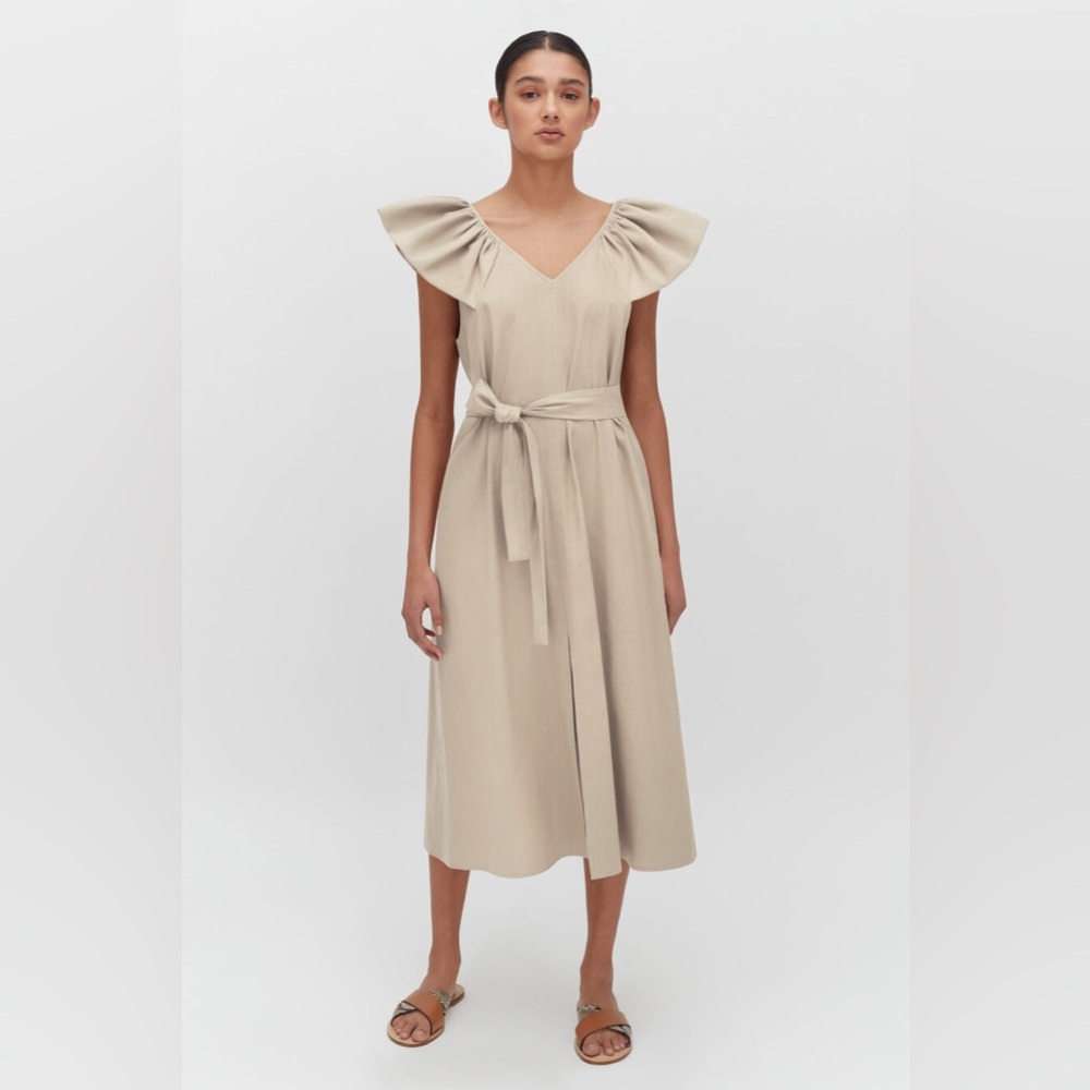 Cuyana NWT Women's Linen Flutter Sleeve Midi Dress in Sand Tie Waist- Size XL
